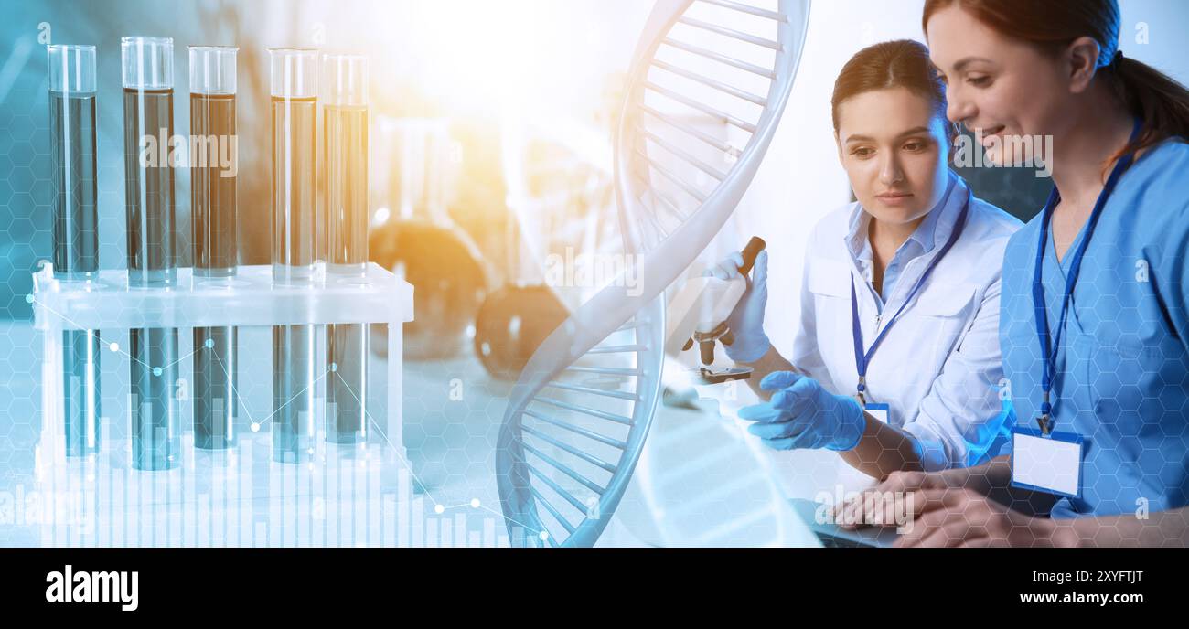 Scientists working in lab, test tubes on table and DNA, multiple exposure. Laboratory analysis. Banner design Stock Photo