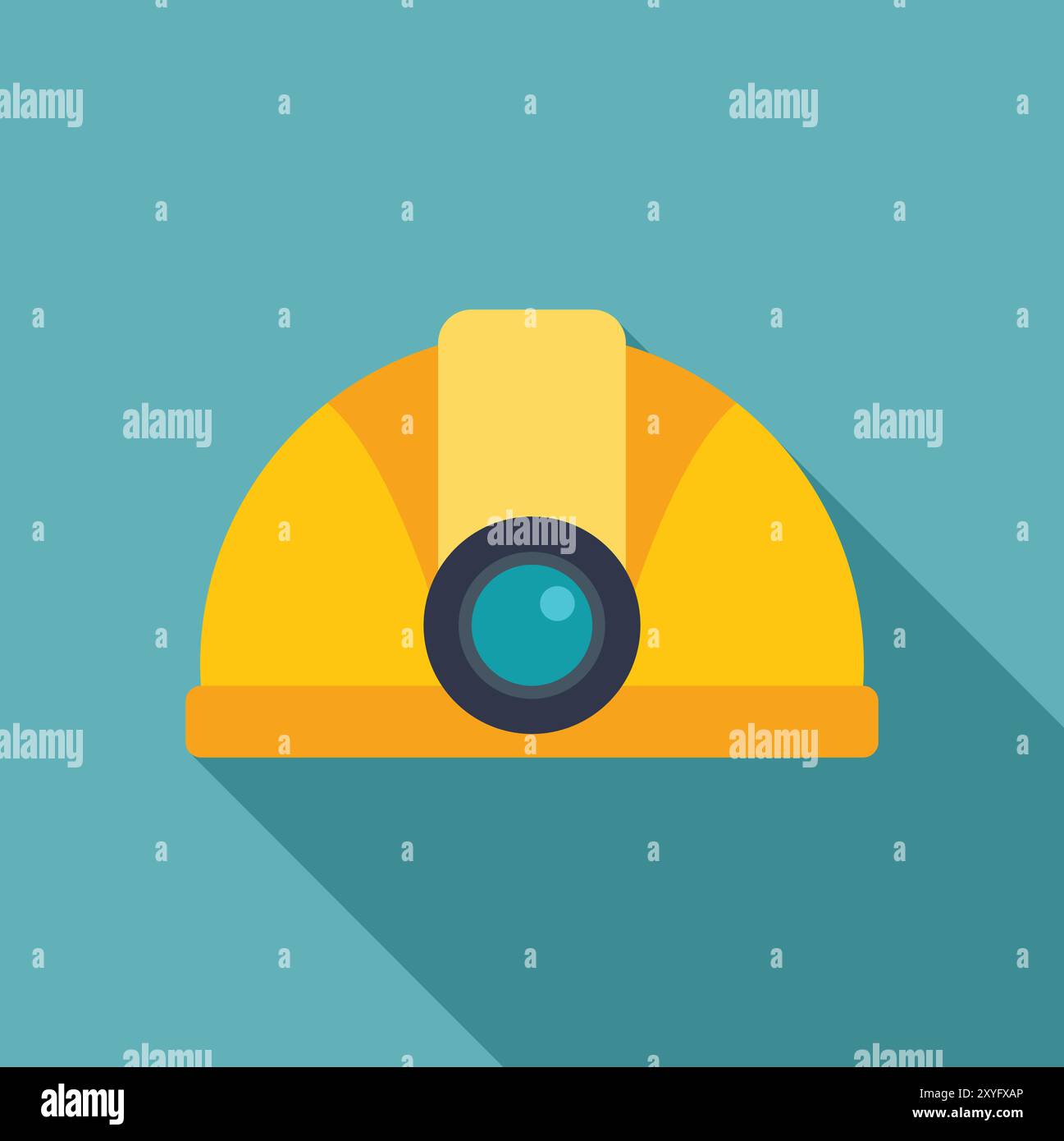 Yellow mining helmet with headlamp flashlight is casting long shadow on turquoise background Stock Vector