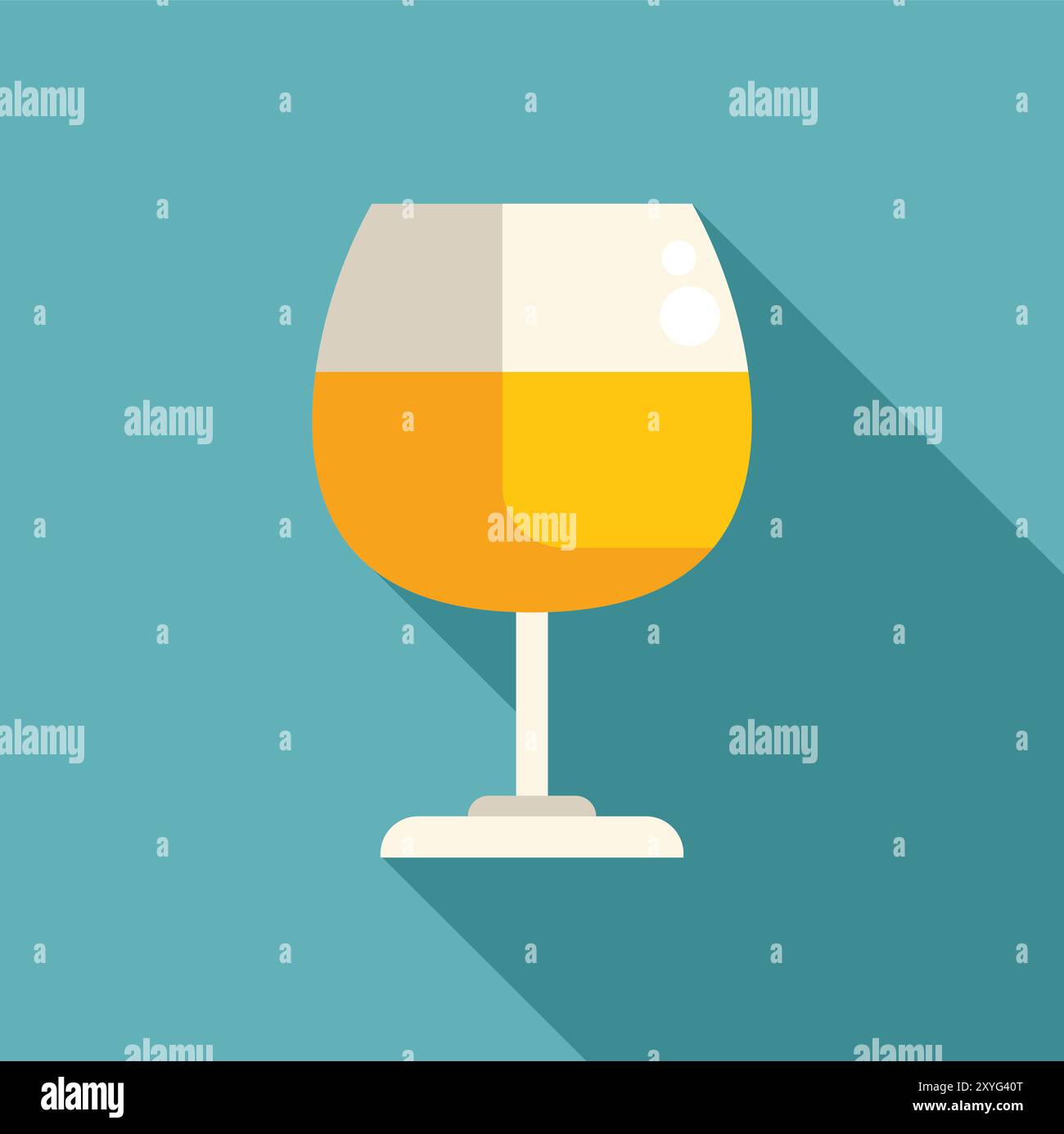 Glass of cognac standing on a table with a long shadow on turquoise blue background, icon in flat design Stock Vector