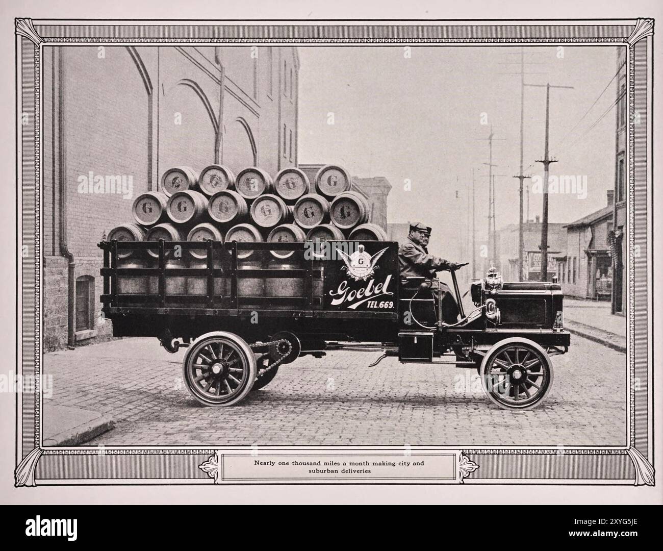 The Packard three-ton truck with standard platform, body number 138, in usage by Goebel Brewing Company for beer delivery.  Vintage catalog photograph of Packard Motor Truck in usage by American Companies, 1911 Stock Photo