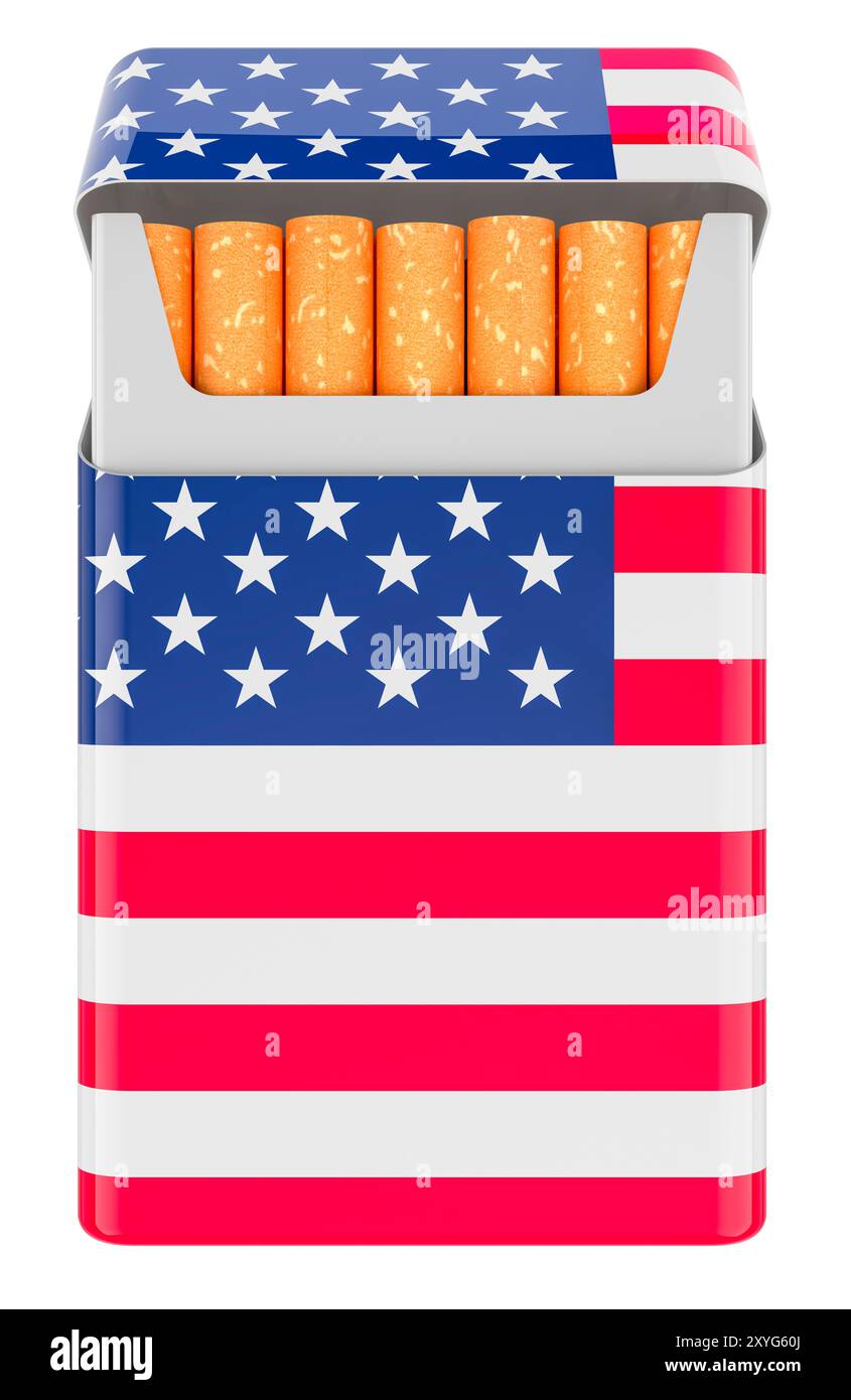 cigarette flag Pack of Cigarettes with the USA Flag. 3D rendering isolated on white  background Stock Photo