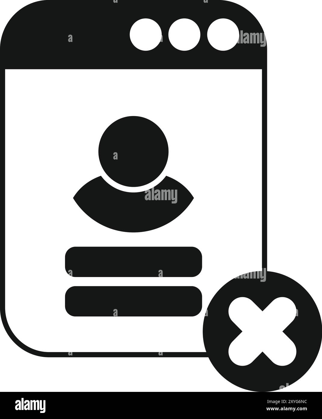 Solid icon of a webpage displaying a user profile being deleted from the server Stock Vector