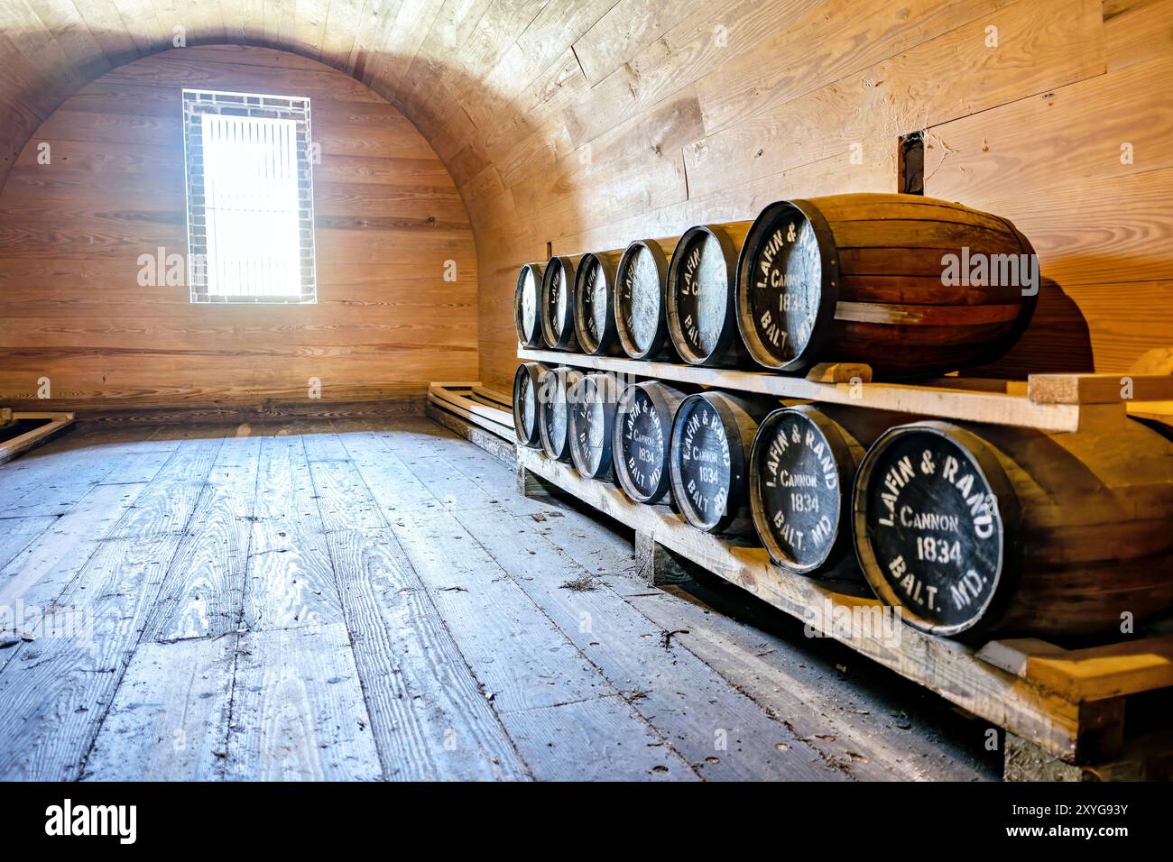 SULLIVAN'S ISLAND, South Carolina, United States — The restored powder magazine at Fort Moultrie, preserved to its 1840 appearance. This critical structure was designed to safely store black powder, protecting it from moisture, fire, and potential enemy attacks, showcasing 19th-century military engineering and safety practices. Stock Photo