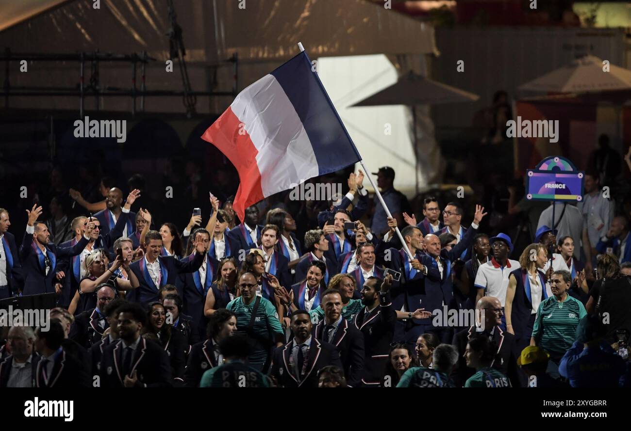 French flag bearer Alexis Hanquinquant during the Opening Ceremony of the Paralympic Games Paris 2024, at Place de la Concorde, in Paris, France, Stock Photo