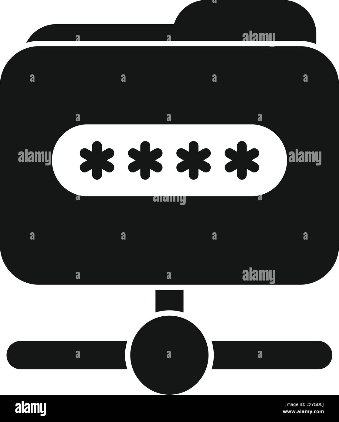 Black and white vector illustration representing a folder with a password, being shared on a server Stock Vector