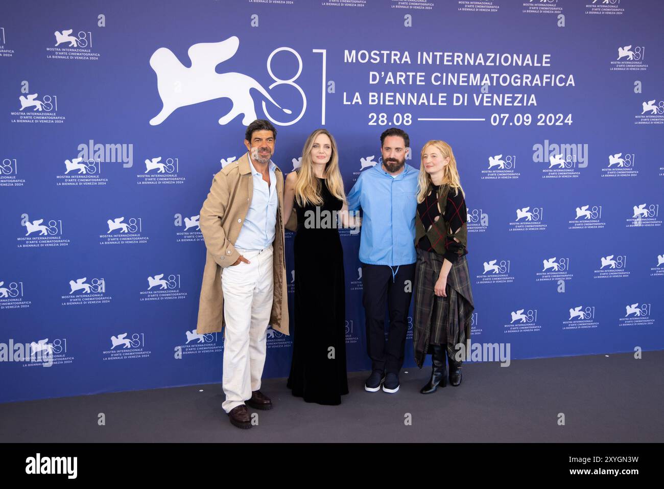 Lido Di Venezia, Italy. 29th Aug, 2024. Italian actor Pierfrancesco Favino  (L), US actress Angelina Jolie, director Pablo Larrain and Italian actress  Alba Rohrwacher (R) attend the photocall of the movie \, image size:1300x957