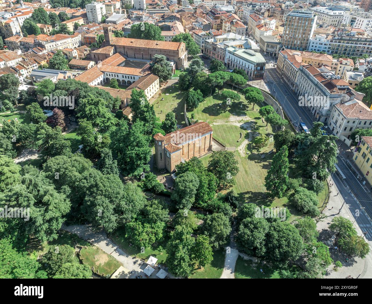 Aerial view of the Scrovegni chapel in Padova Italy lined with renowned early-14th century frescoes by Giotto, Cappella Sanguinacci and Roman Arena Stock Photo