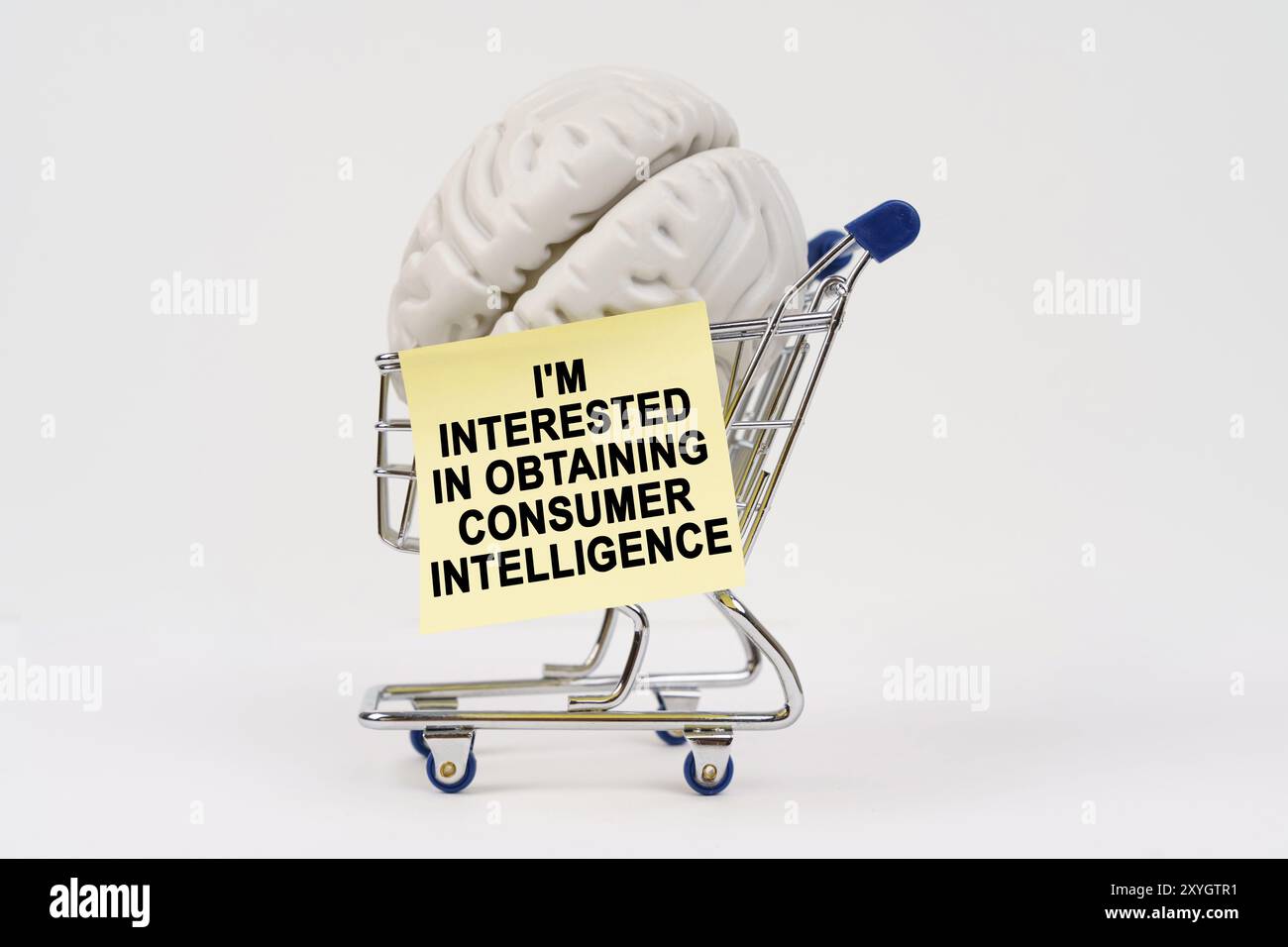 A small shopping cart holds a brain alongside a sticky note seeking insights on consumer preferences and behaviors. I'm interested in obtaining consum Stock Photo