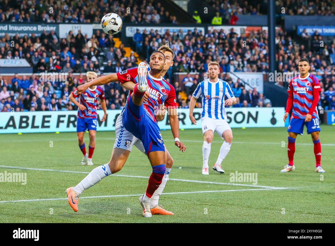 Kilmarnock, UK. 29th Aug, 2024. Kilmarnock FC played FC Copenhagen at Rugby Park, Kilmarnock, Scotland, in the secong leg of the European Conference League, play-off tie. The score at this game was Kilmarnock 1 - 1 Copenhagen. The goals were scored by Marley Watkins (Kilmarnock 23) in 16 minutes and Lewis Mayo (Kilmarnock 5) in 67 minutes (OG). The aggregate score is Kilmarnock 1 -3 Copenhagen. Copenhagen go through to the next round. Credit: Findlay/Alamy Live News Stock Photo