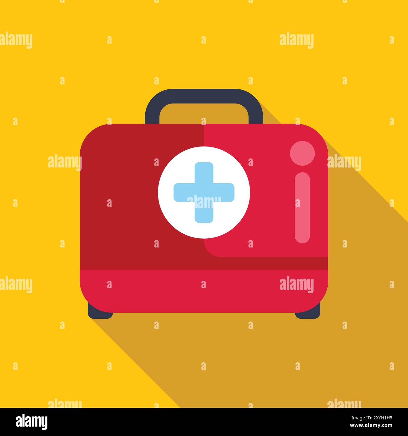 Red first aid kit closed and lying down, casting a long shadow on a yellow background Stock Vector