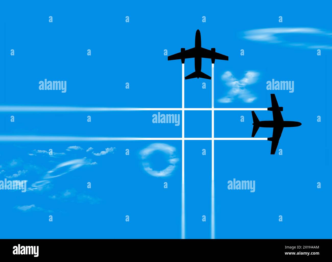 Contrails from jet airliners cross and form a tic tac toe grid with clouds looking like Xs and Os as they drift into the game grid  in a 3-d illustrat Stock Photo