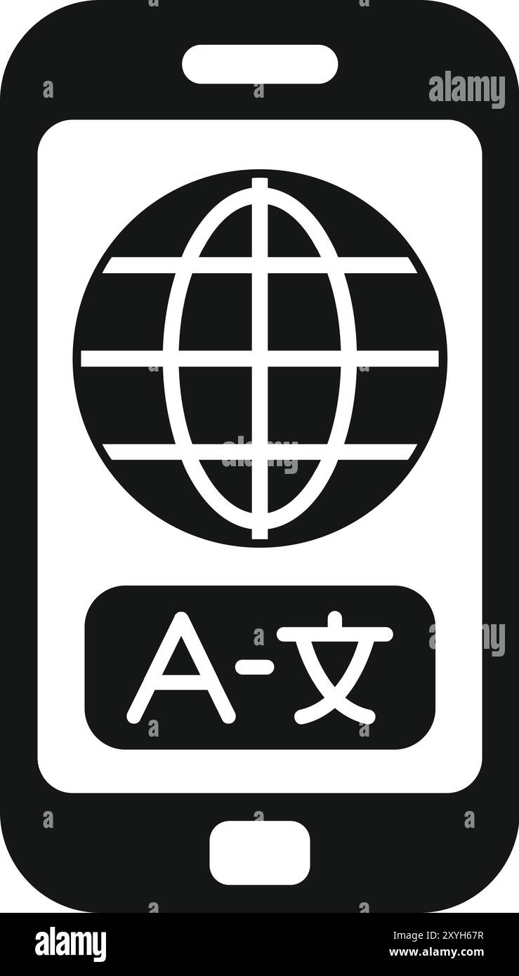 Black and white icon of a smartphone showing a language translation app ...