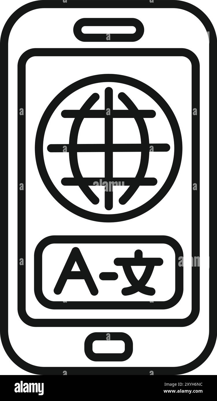 This minimalist vector illustration depicts a smartphone displaying a language translation app, emphasizing global communication and digital accessibility Stock Vector