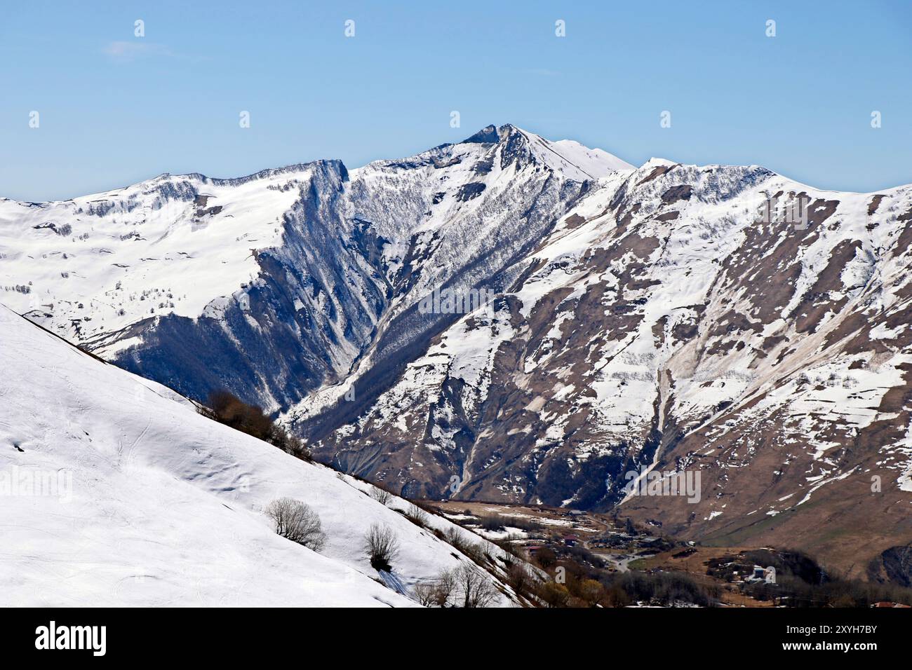 snow covered caucasus mountain and valley at georgia Stock Photo