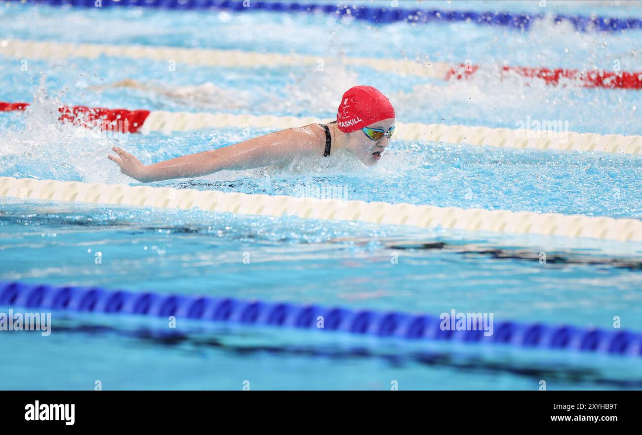 Paris, France. August 29th 2024. Poppy Maskill of Team Great Britain competing on the Para Swimming 14 100 Fly, on day one of the Paris Paralympic Games 2024, Paris, France. Credit: Isabel Infantes/Alamy Live News Stock Photo