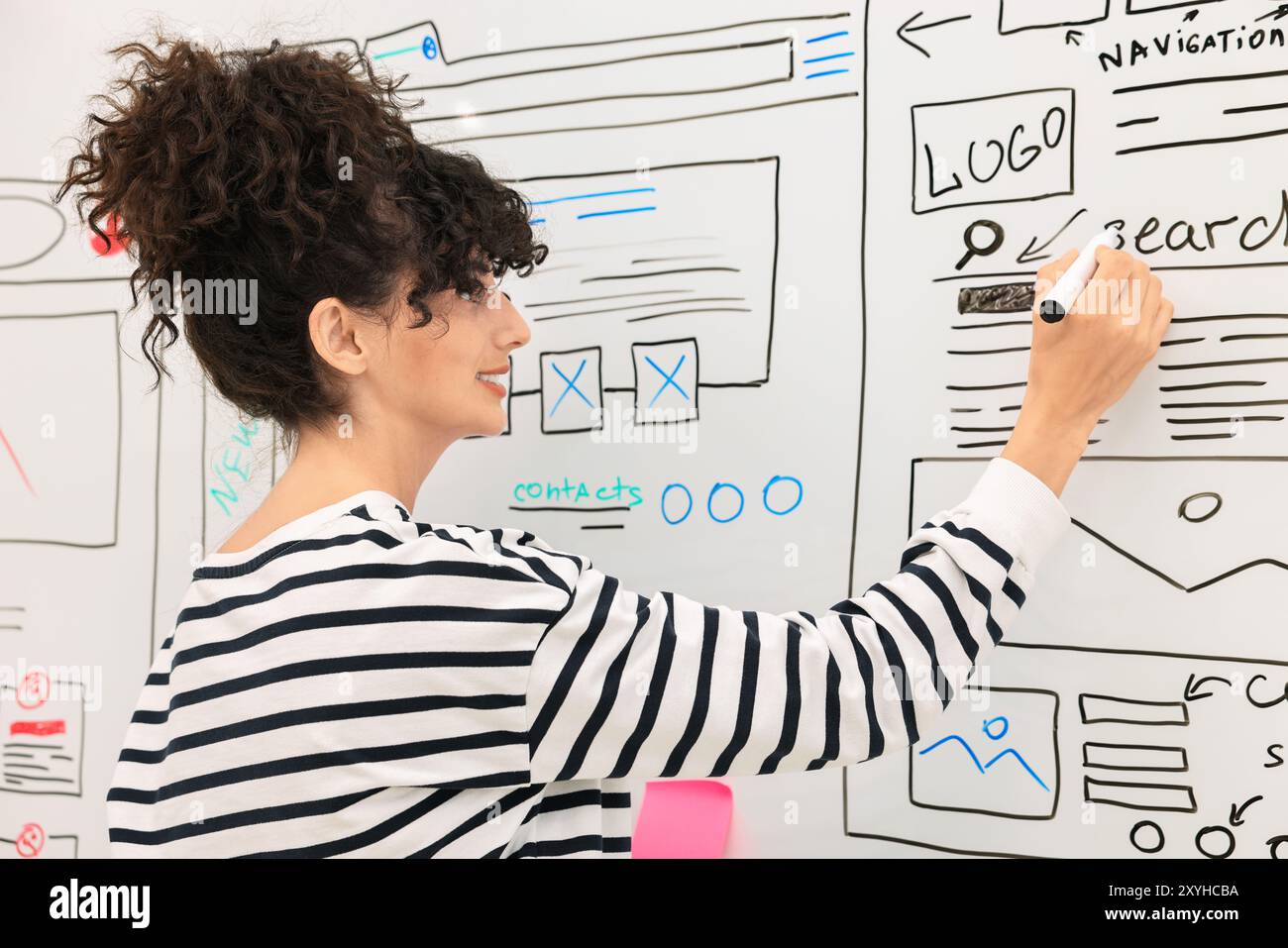 Developing UI design. Woman drawing website wireframe on whiteboard indoors Stock Photo