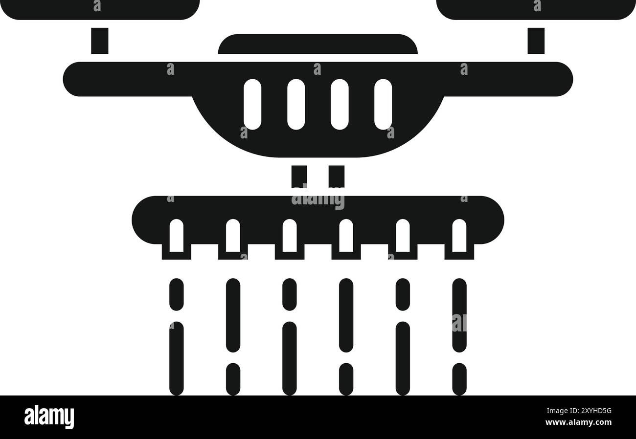 Black glyph icon for a smart farm drone spraying water or fertilizer on ...