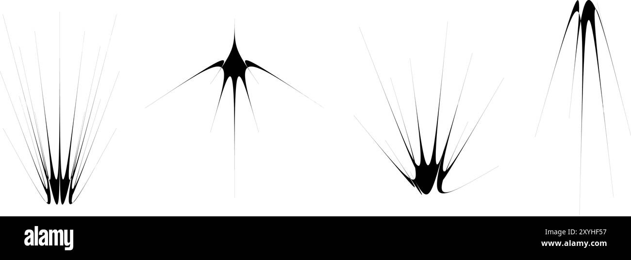Black thin spiky element set. Abstract thorn semicircle shapes and angular twinkles bundle. Futuristic spokes objects for poster, collage, banner, logo, card, icon, label, sticker, badge. Vector Stock Vector