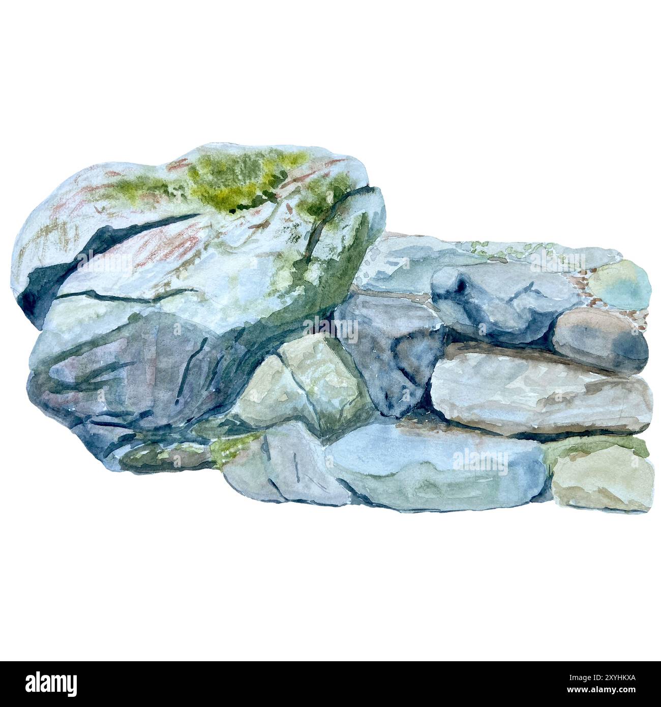 Rock formation river side landscape design element. Watercolor hand painted illustration isolated on white. Nature, landscape, garden, climbing design Stock Photo