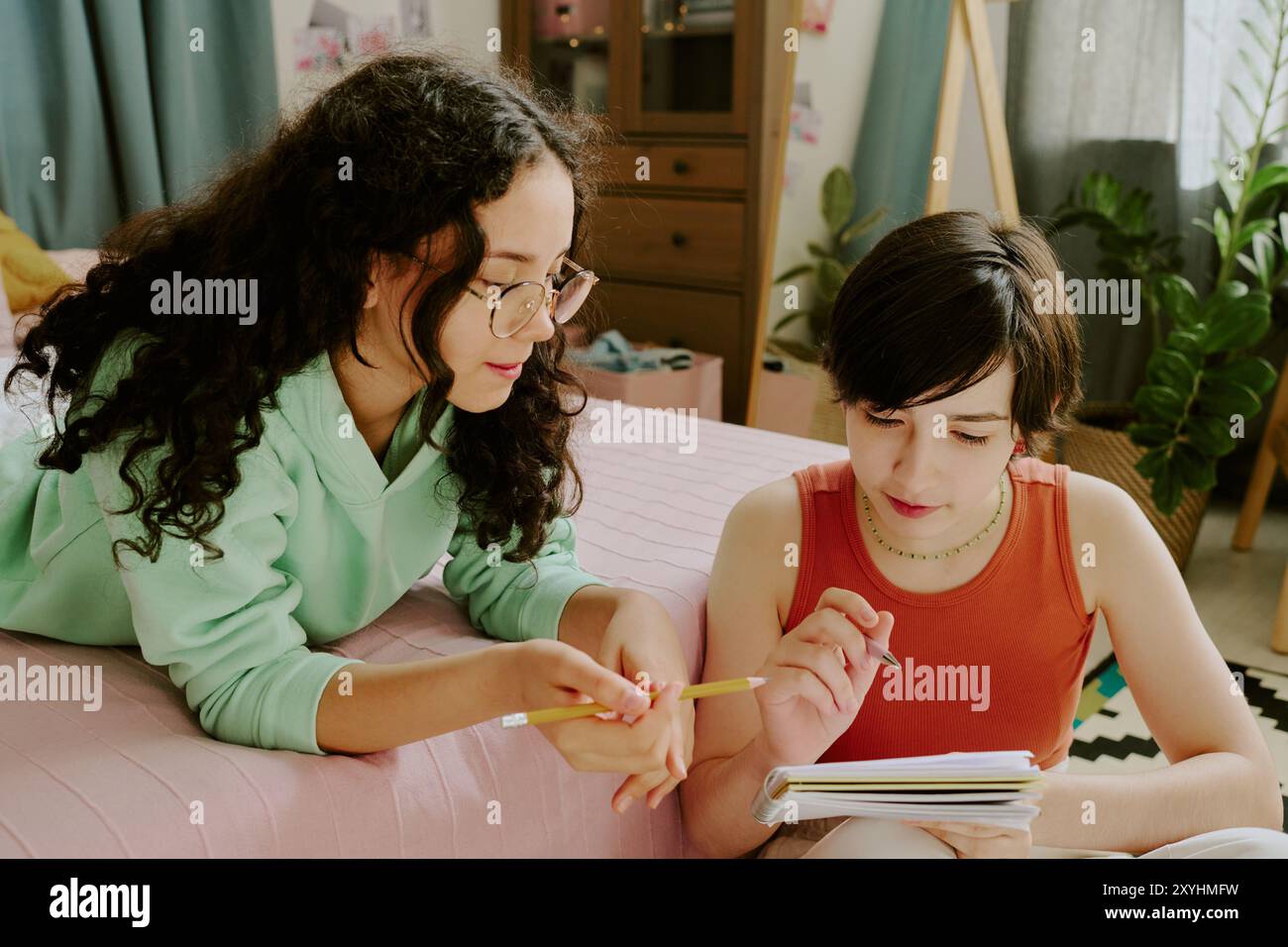 Collaborating on Project in Modern Living Room Stock Photo