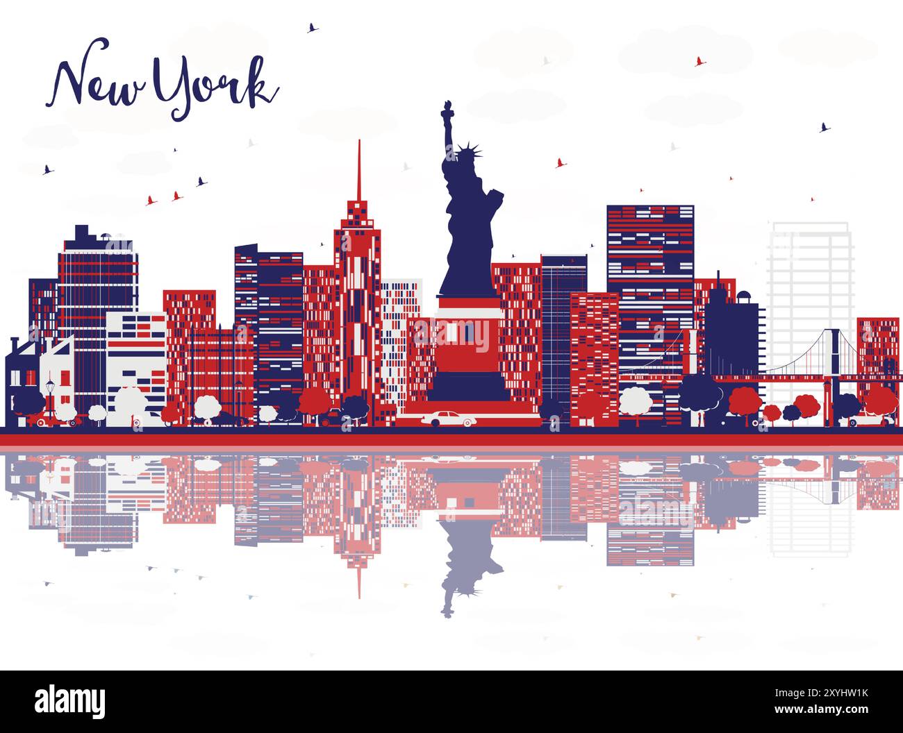 New York USA city skyline with color buildings and reflections. Vector illustration. Cityscape with landmarks. Stock Vector