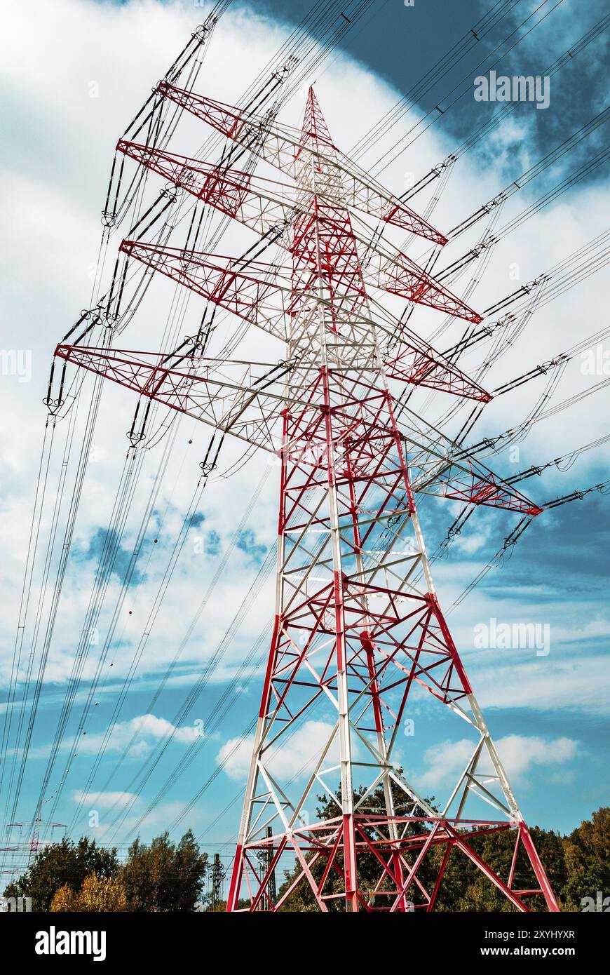 Red white pylon, low angle Stock Photo