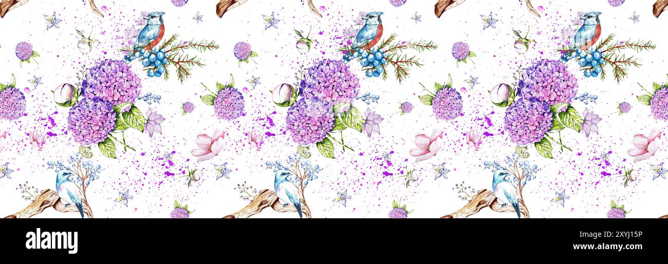 Seamless Pattern Lilac Hydrangea. Frame with Flowers, Raspberry, Leaves, Juniper, Jay. Watercolor Illustration. Design Elements for Cards, Invitations Stock Photo
