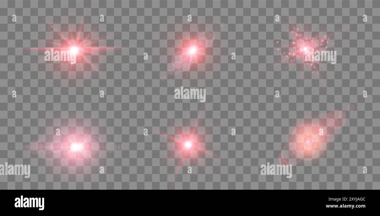 Red lens flares set. Sun flash with rays spotlight and bokeh. Red glow ...