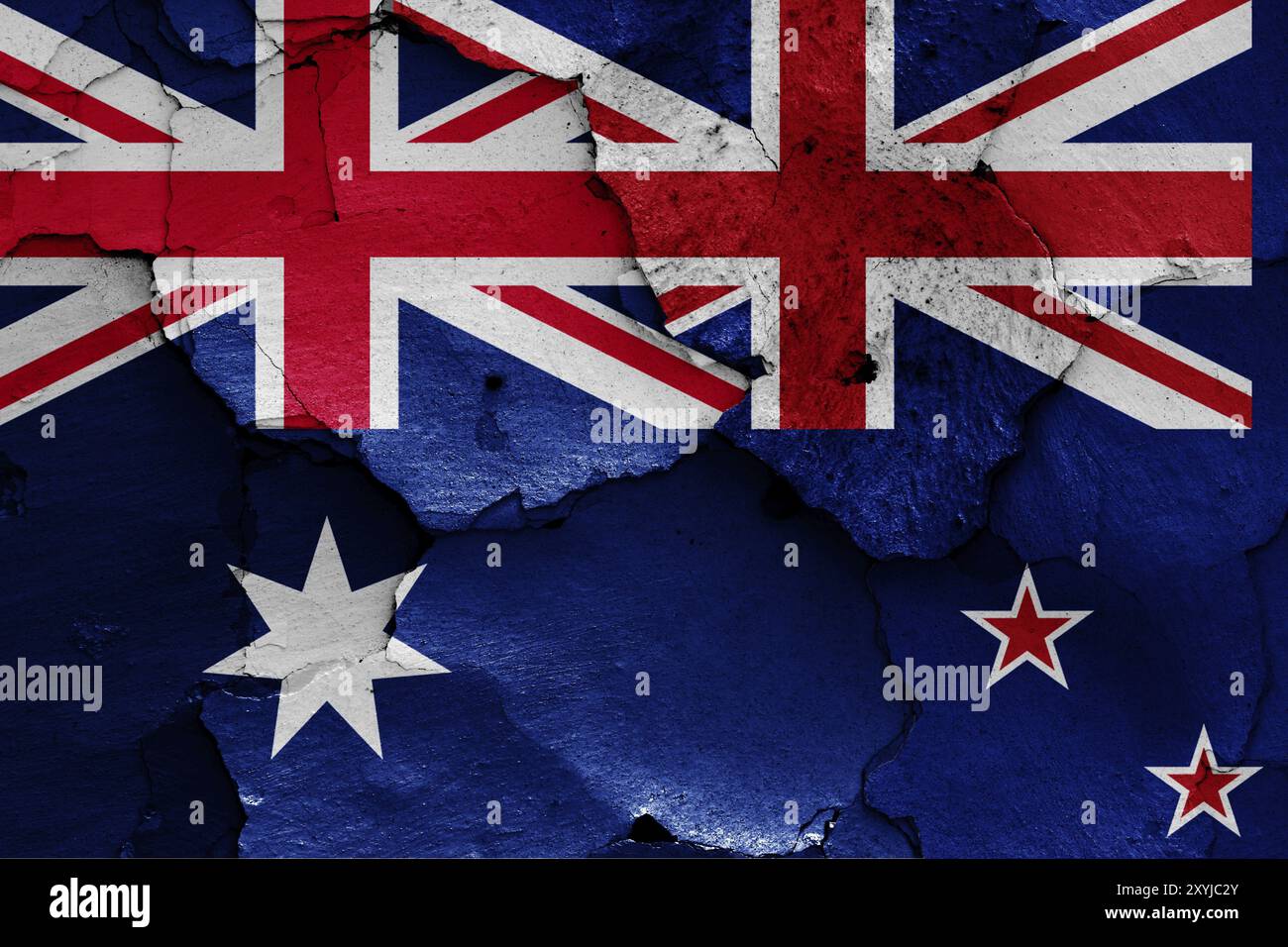 Flags of Australia and New Zealand painted on cracked wall Stock Photo ...