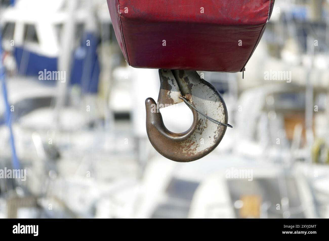 Safety hook, boat crane at the marina, protected with red coating Stock ...
