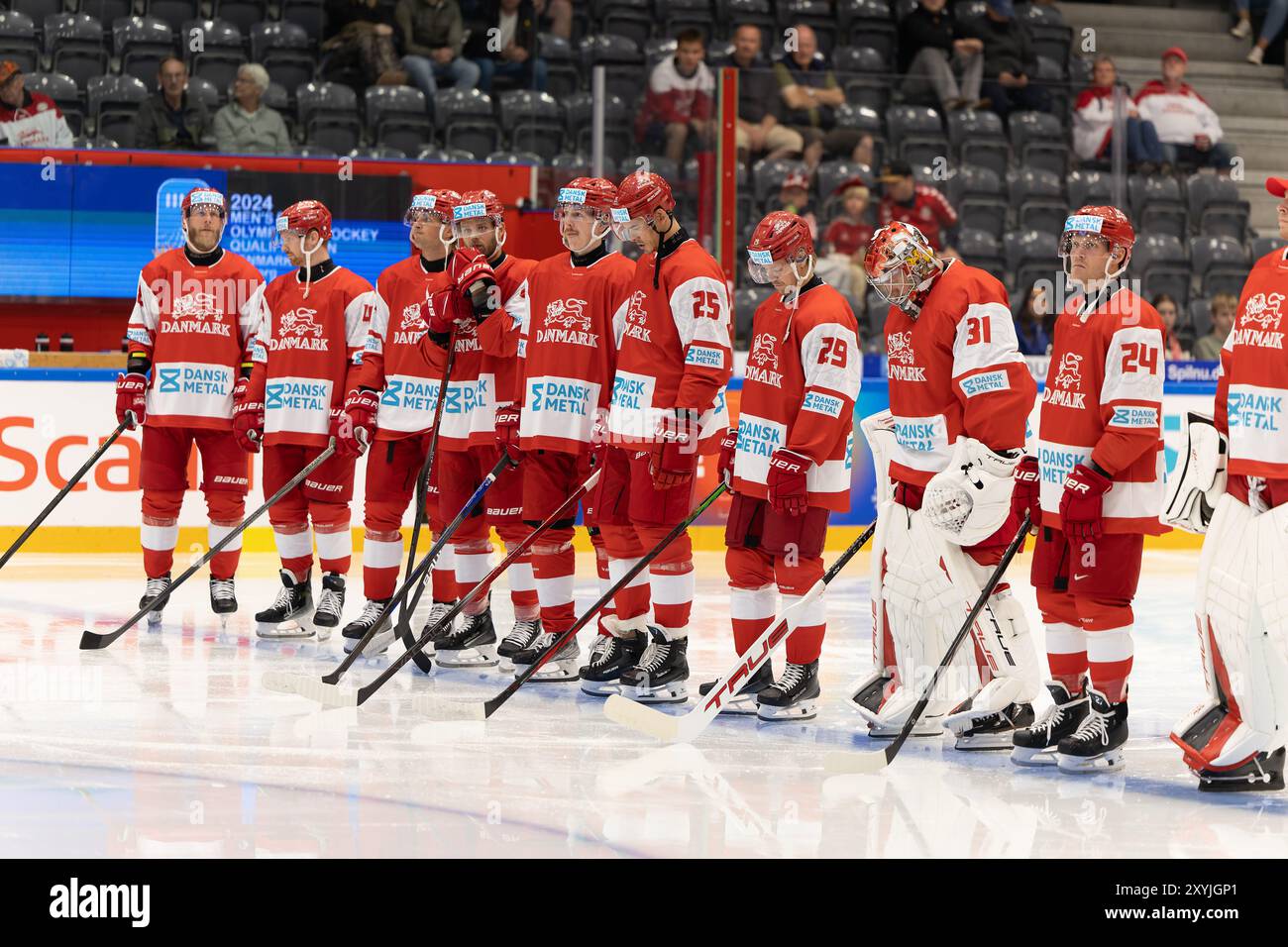 Aalborg, Denmark. 29th, August 2024. The players of Denmark line up for ...
