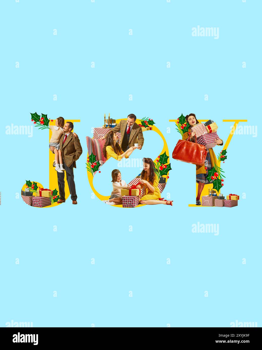Word JOY formed with images of family preparing for Christmas ...