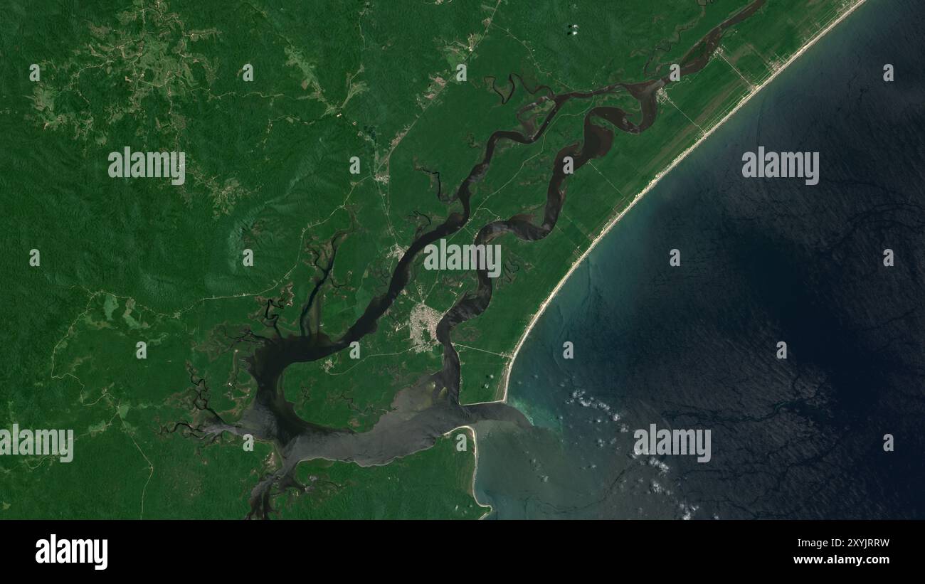 Ilha de Cananeia in the South Atlantic Ocean on a satellite image taken in January 30, 2019 Stock Photo