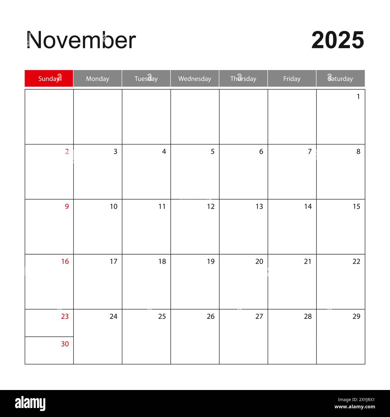 wall-calendar-template-for-november-2025-holiday-and-event-planner-week-starts-on-monday-vector-template-stock-vector-image-art-alamy