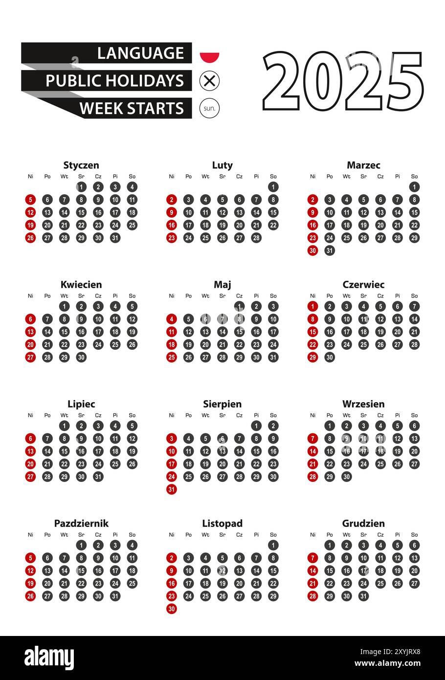 Polish calendar 2025 with numbers in circles, week starts on Sunday