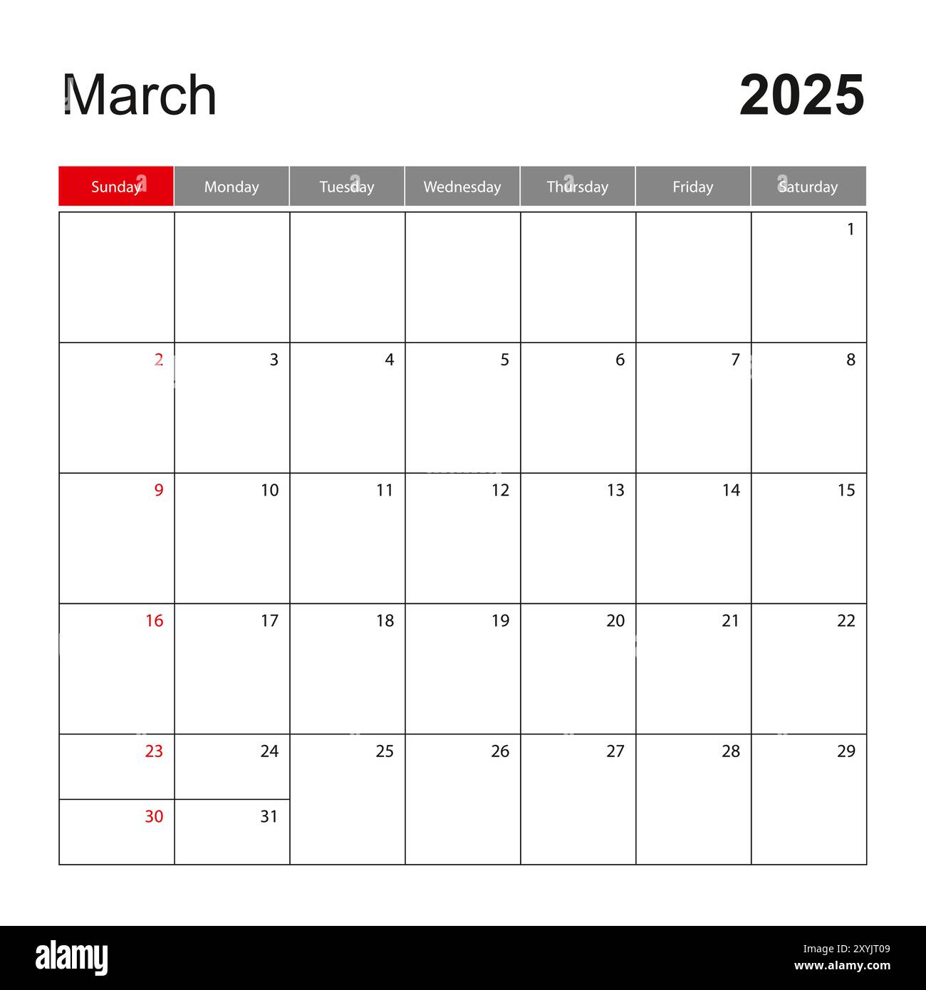 wall-calendar-template-for-march-2025-holiday-and-event-planner-week-starts-on-sunday-vector-template-stock-vector-image-art-alamy