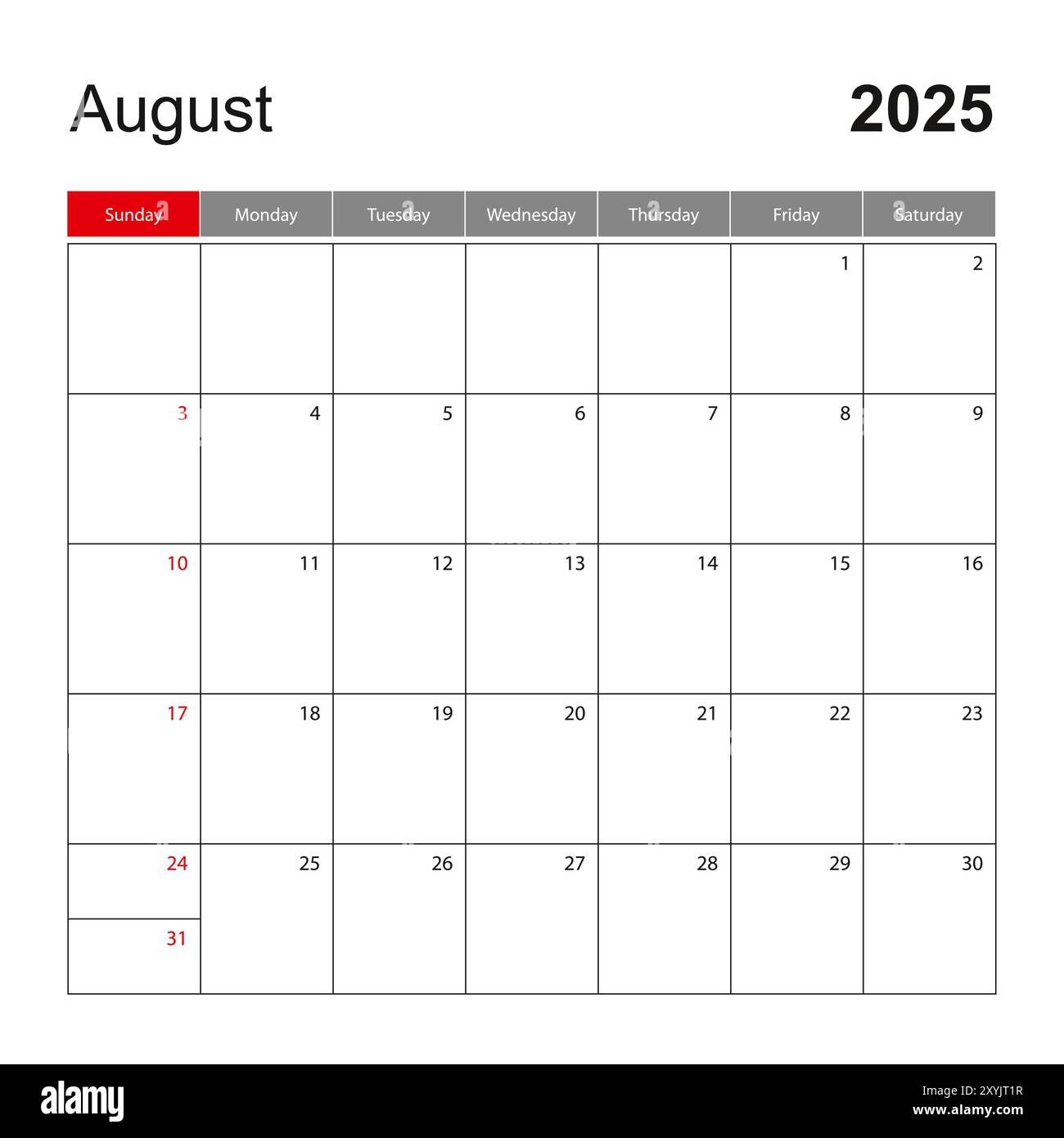 wall-calendar-template-for-august-2025-holiday-and-event-planner-week-starts-on-sunday-vector-template-stock-vector-image-art-alamy