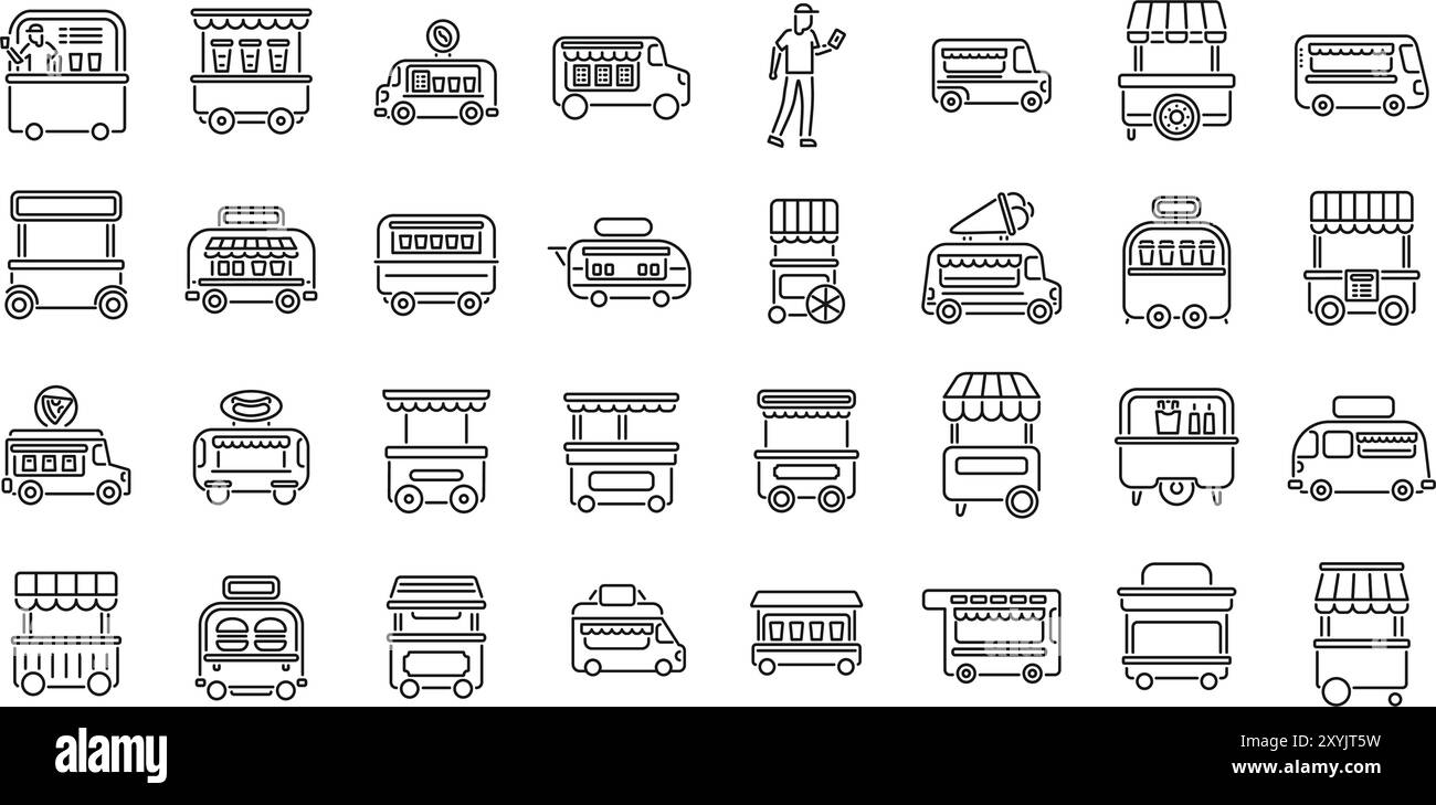 Cafe wheels icons set. Set of various street food icons featuring food trucks, food carts, and a street vendor serving customers Stock Vector