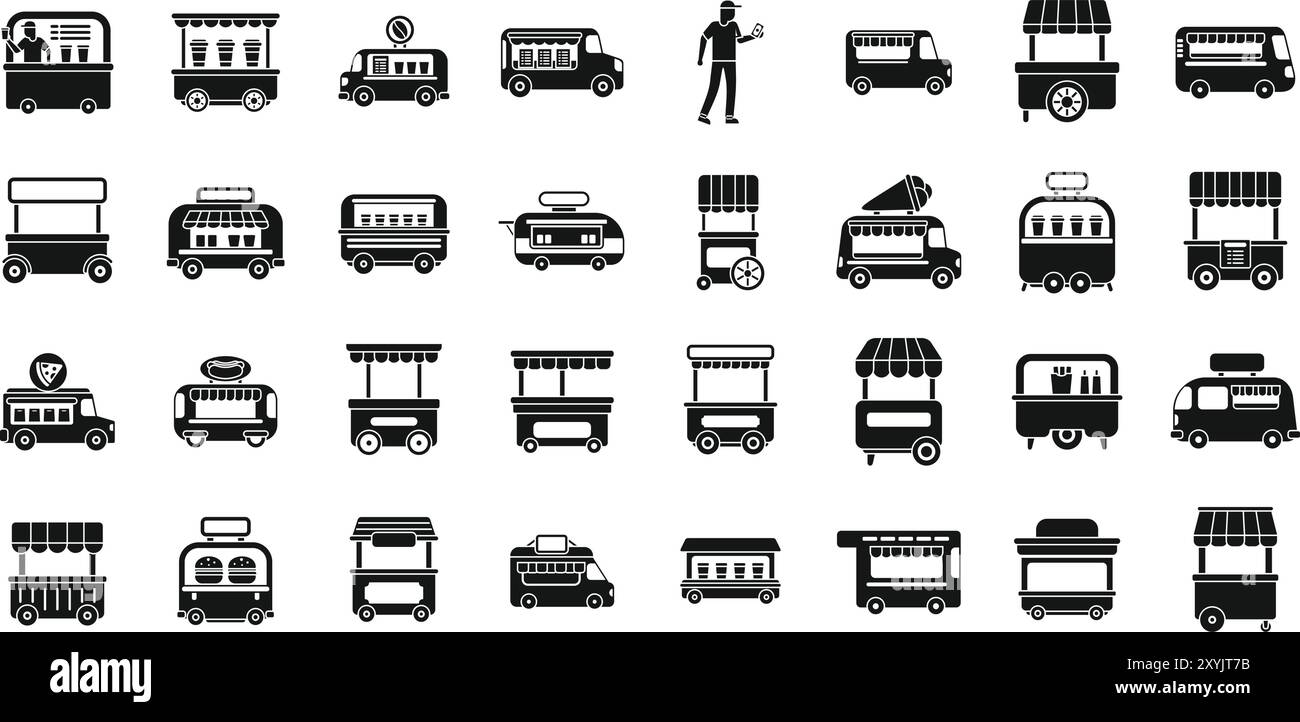 Cafe wheels icons set. Street food trucks and kiosks offering delicious food and drinks Stock Vector