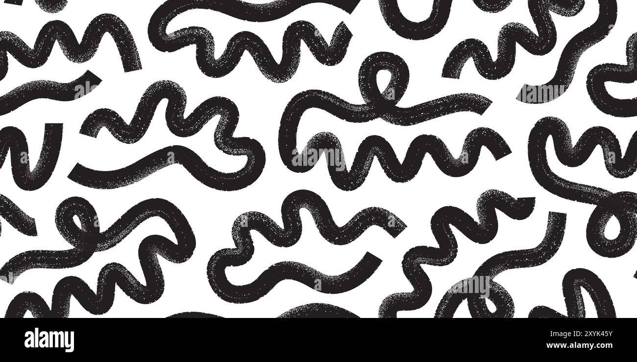 Abstract black ink brush waves, squiggles, strokes vector seamless pattern. Hand drawn grunge curved organic shapes. Stock Vector