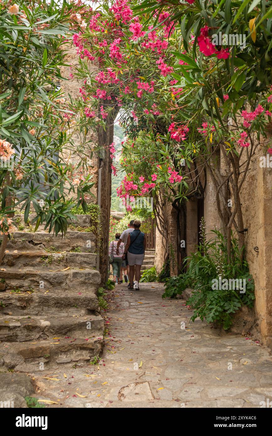 Narrow alleyway between old building, St Guilhem le Desert, Herault, Occitanie, France, Europe Stock Photo