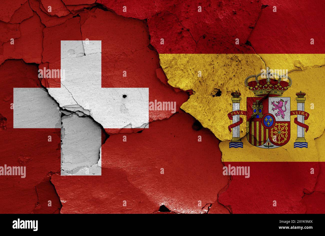 Flags of Switzerland and Spain painted on cracked wall Stock Photo - Alamy