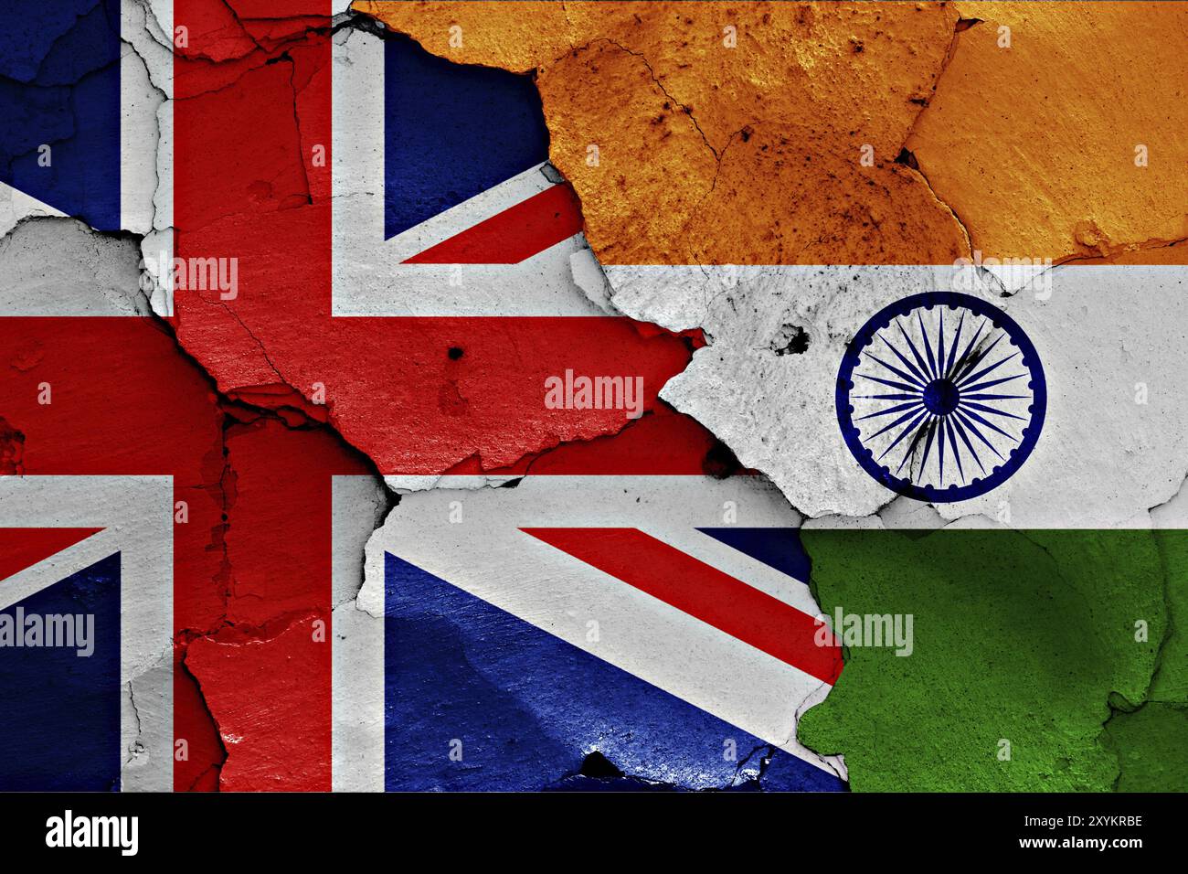 Flags of UK and India painted on cracked wall Stock Photo - Alamy