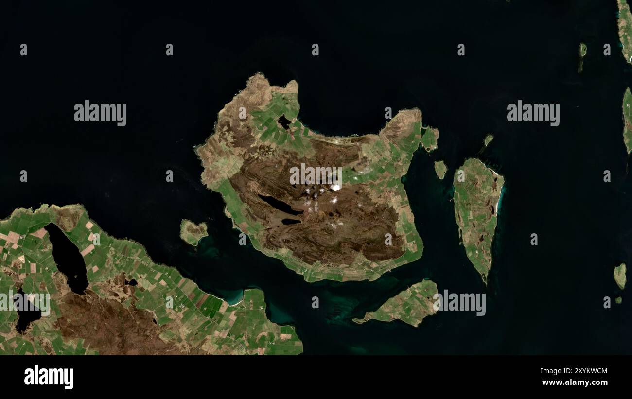 Rousay Island in the North Sea on a satellite image taken in April 20 ...