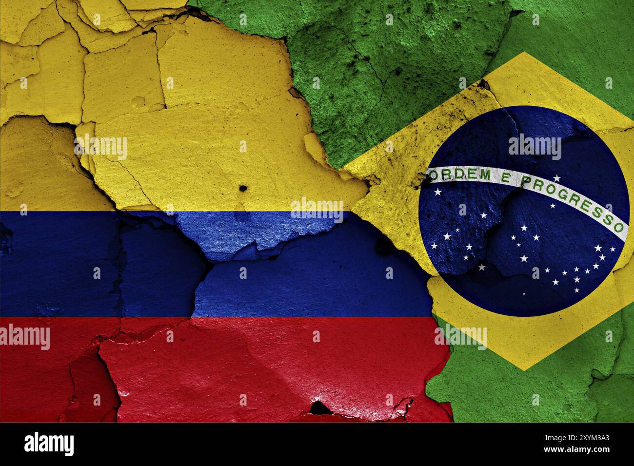 Flags of Colombia and Brazil painted on cracked wall Stock Photo - Alamy