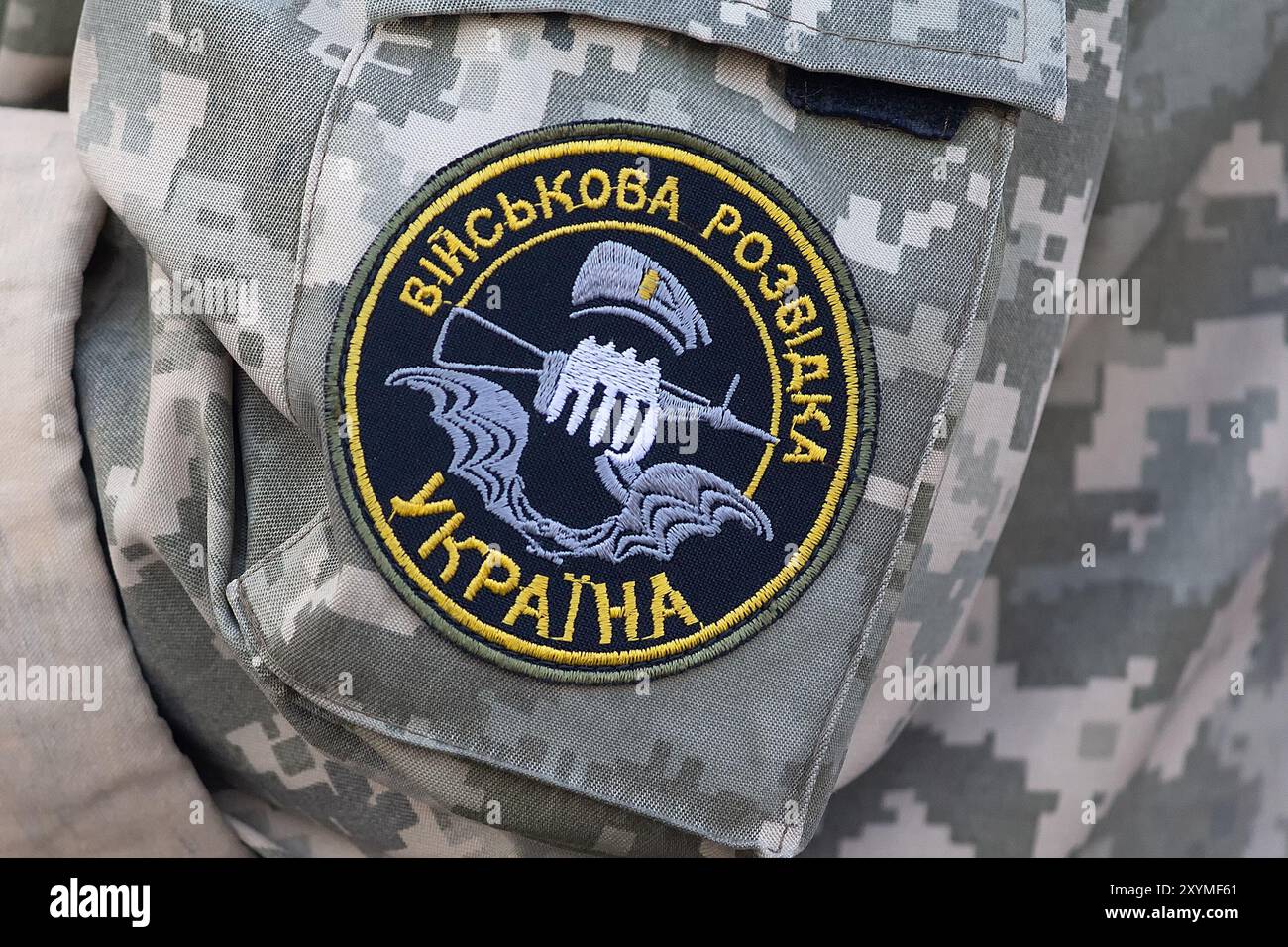 Kyiv, Ukraine - October 14, 2018: Chevron military intelligence of Ukraine of a Ukrainian military man. Inscription Military Intelligence of Ukraine i Stock Photo