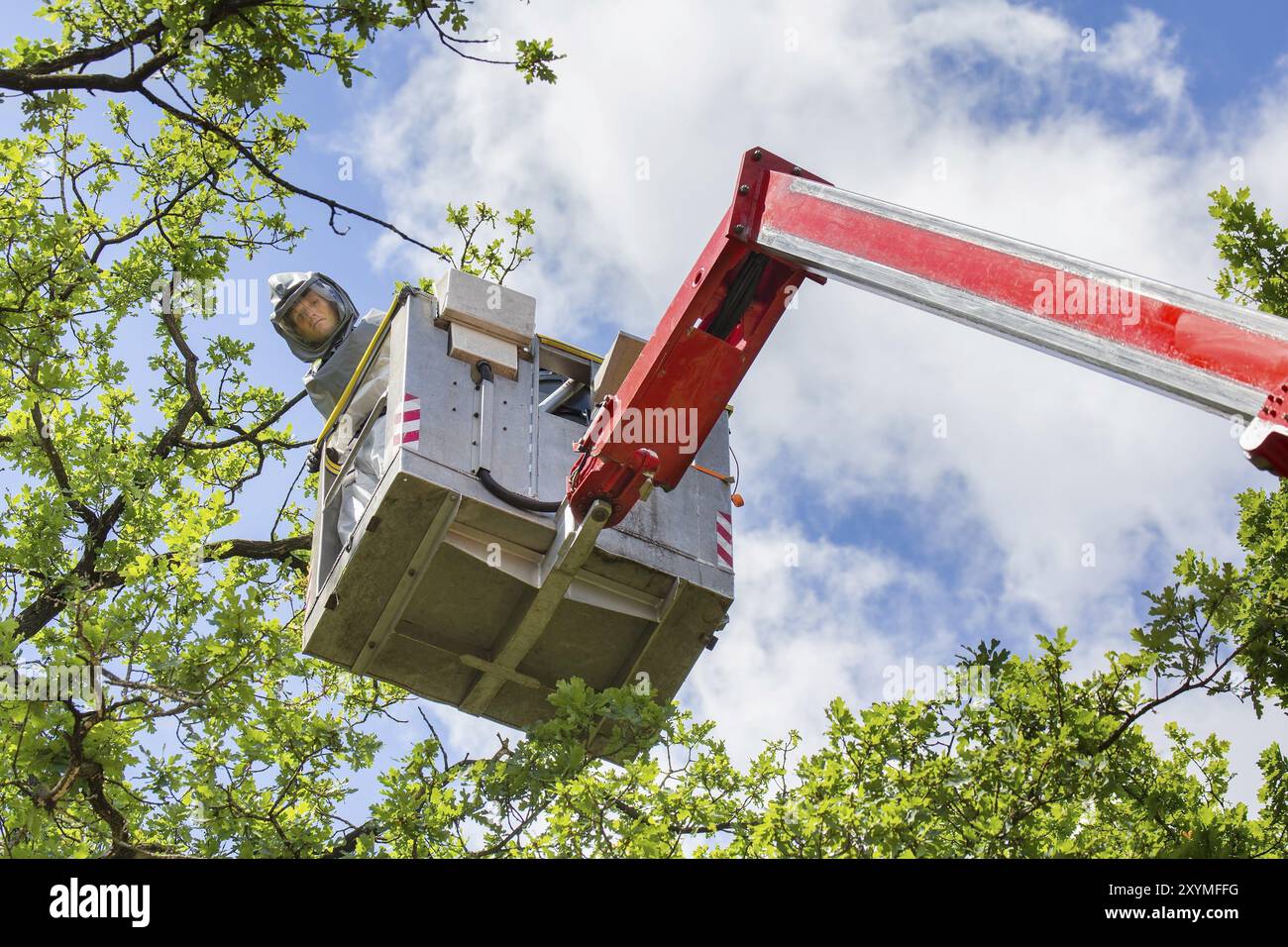 Man in protective working clothes looking down from aerial platform Stock Photo