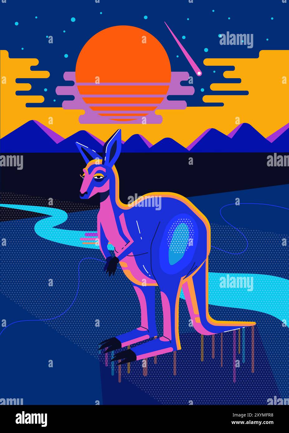 Vibrant Neon Kangaroo in Surreal Landscape with Retro Sunset and Geometric Mountains Stock Vector