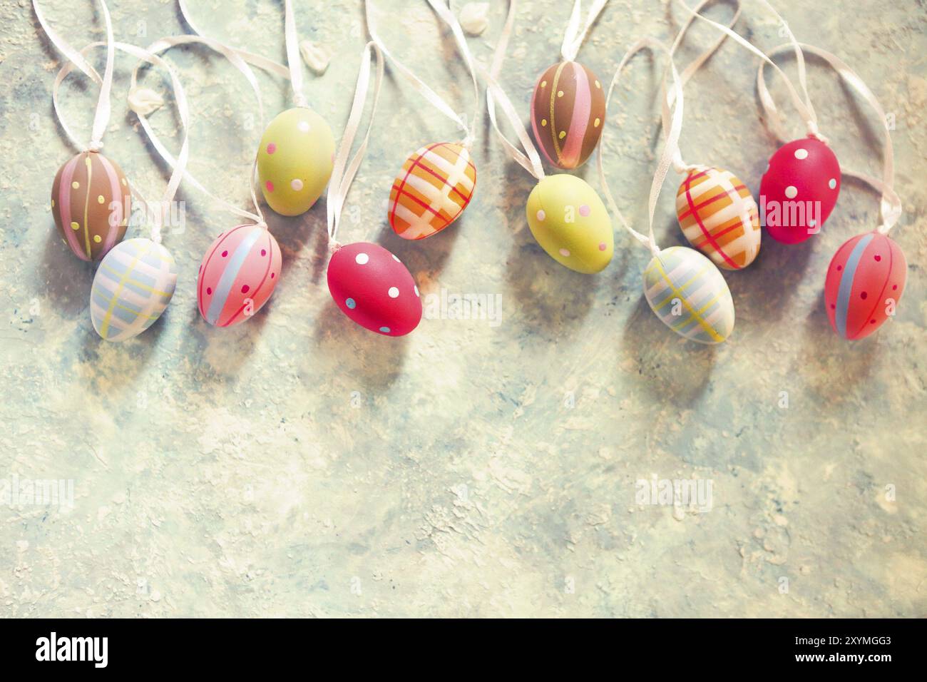 Easter background with Easter eggs. Top view with copy space Stock Photo