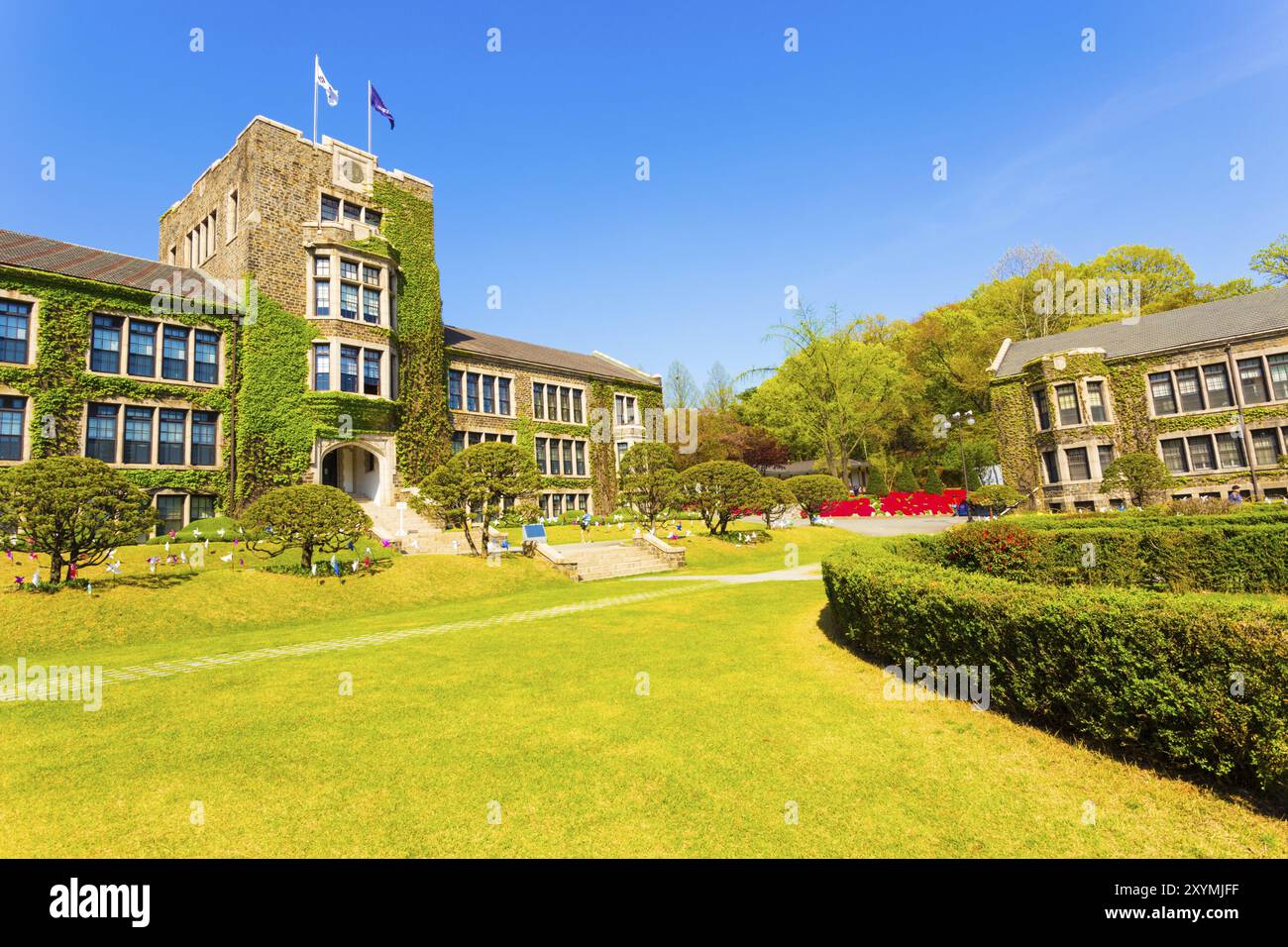 Flags flying over ivy covered main building above grassy quad at Yonsei University on a blue sky day in Sinchon, Seoul, South Korea. Horizontal Stock Photo